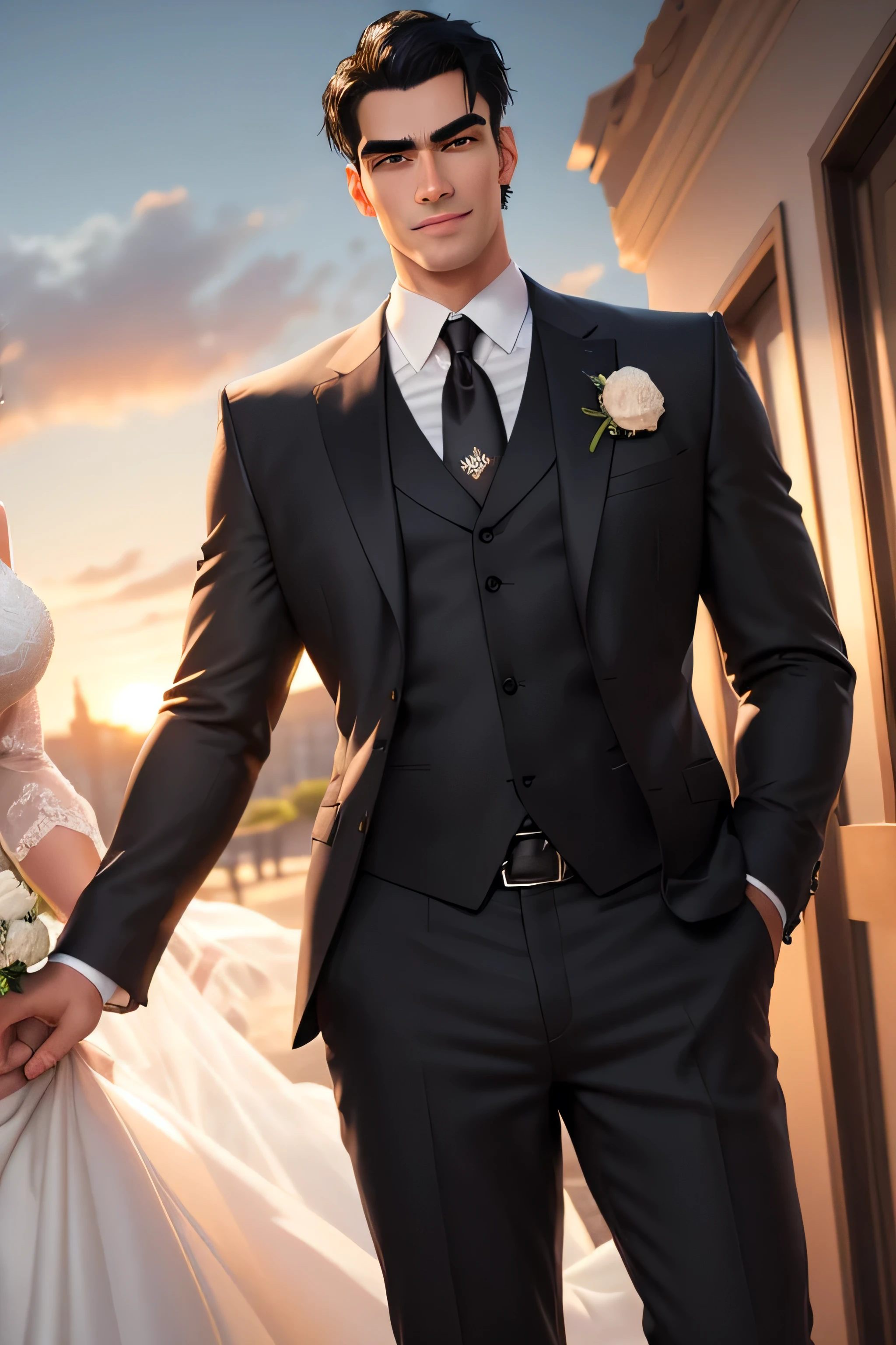 masterpiece, best quality, realistic, 2 man, male focus, mature, tall muscular, handsome, [thick eyebrows:0.5], smile, suit, portrait, extremely detailed face, (black hair), (very short hair:1.3, forehead), (suit:1.3), sunset sky, dusk, love each other, nobles, bride little small cute, 3D