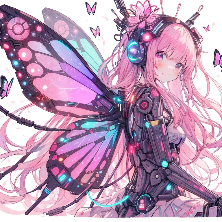 anime girl with butterfly wings and headpieces sitting on a rock, Pastel Watercolor、(anime style:1.1), Small smile, Mechanical pink glowing cherry tree、mechanical cherry blossoms、group of pink butterflies、、long hair、Colorful Girl、(cyber punk:1.6)、(Super high density and colorful LED lights:1.5)、Ultra-high precision communication cable connecting her to the machine..:1.Made with ultra-precision machinery:、、(Shining mechanical butterfly wings sprouting from a girl.:1.4)、whole body、floating、dynamic angle,beautiful fantasy anime, Cute and exciting, anime style 4k, anime art wallpaper 4k, anime art wallpaper 4k, Anime robot and organic mixed together, Best Anime 4K Kona-chan Wallpaper, anime fantasy artwork, anime manga robot!! anime girl, Nightcore, anime art wallpaper 8k