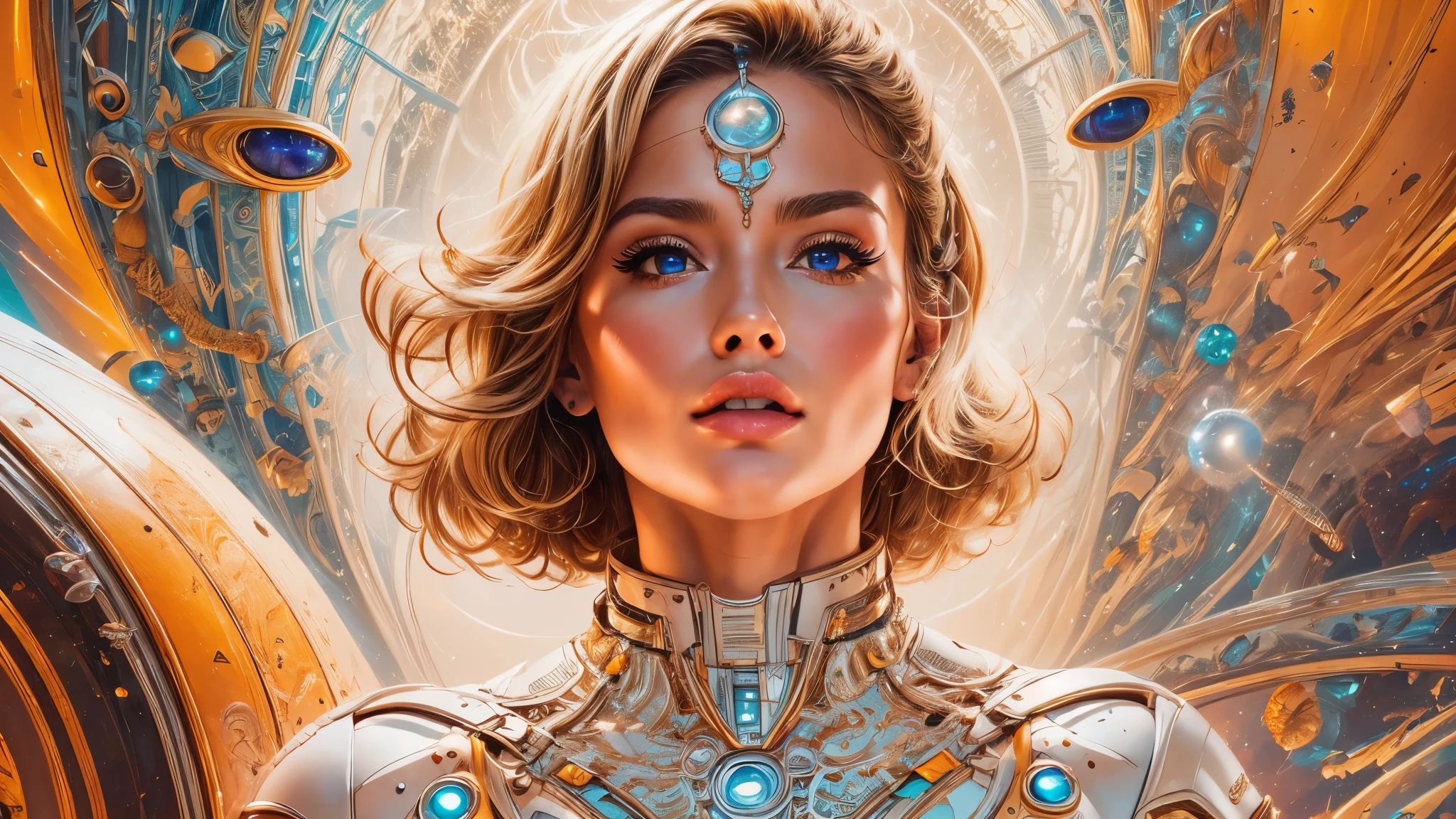 arafed image of a white woman in a futuristic suit with a spaceship in the background, movie art, in front of an orange background, inspired by Robert McGinnis, female protagonist, megastructure in the background, portrait of an ai astronaut, astronauts, an astronaut, portrait of a astronaut skeletor, perfect android girl, Highly Detailed Face and Skin Texture, Detailed Eyes, Double eyelids, perfectly detailed teeth, frank franzzeta and sakimichan  