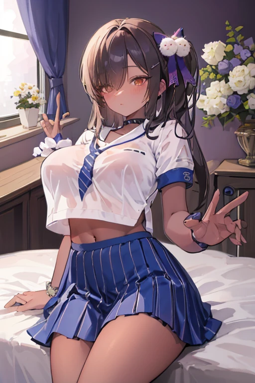 Beautiful illustrations, highest quality, Cute Woman、Clear Face、blush、Perfect hands、Thighs、(Perfect Face:1.1), Beauty、Large Breasts、Dark Skin、uniform、Sailor suit