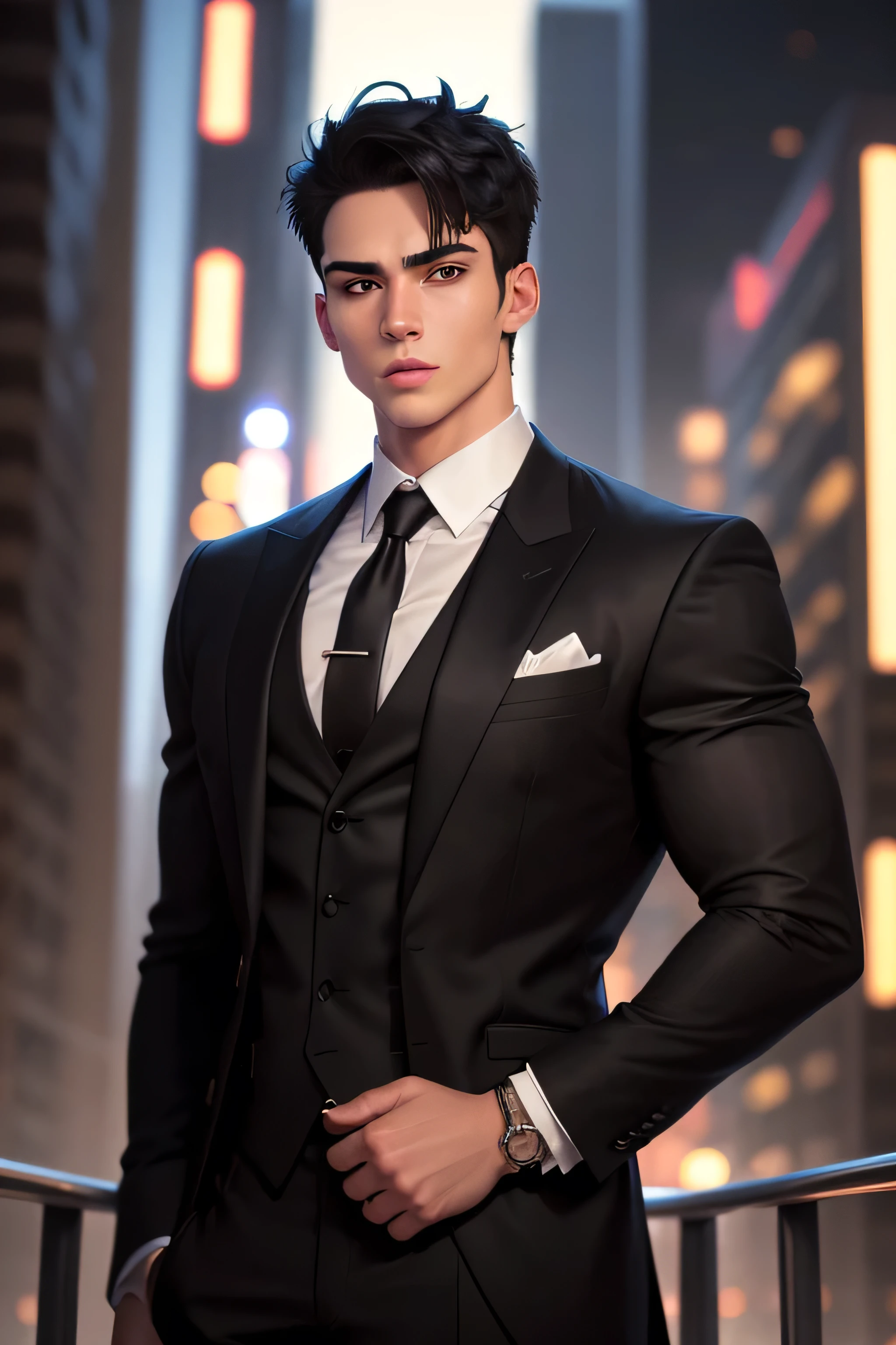 (ridiculous, high resolution, Super detailed, actual, ), 2 young male, 1 man was tall muscular, broad shoulders, Handsome, very short hair, black hair, brown eyes, square nail, thick neck, thick eyebrows, night, dark, the night view of the city background, formal suit, tie, Upper body, another man was skinny, cute, lovely, warm and not tall, his high only on shoulder another man
