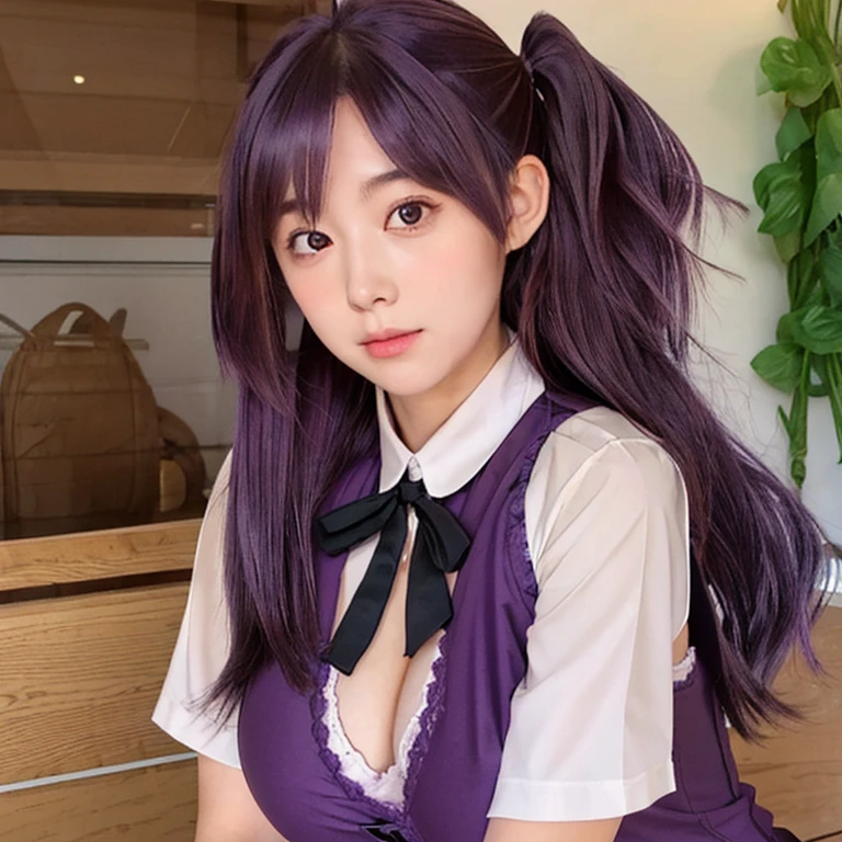 1girl, solo, 18yo, hagikaze_kantaicollection, long_hair, (purple_hair), one_side_up, ahoge, brown_eyes, blush, vest, neck_ribbon, ((huge breasts)), black_vest, blouse, beach 