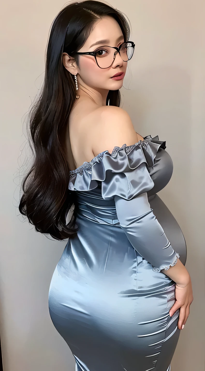 Boa_hancock, huge_breasts , best quality, ruffles_satin_dress , light_grey_satin_dress , big_ass , pregnant , wearing glasses , big pregnant , off the shoulder dress , revealing cleavage, seductive eyes , 45 year old girl , bride
