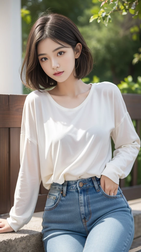 masterpiece、best quality、illustration、 Ultra Detailed、Fine details、 high resolution、8K Dende Wallpaper、Perfect dynamic composition、24 year old beautiful girl、Detailed beautiful face、Delicate and beautiful eyes、textured skin、A faint smile、Wavy short hair、Small Breasts、Posture variety、spring long sleeve shirt、Half-length photo，Eyes tease，Charming expression，Dress more，outdoor，Large aperture，Large depth of field，8K quality，cute，jeans，don&#39;t want