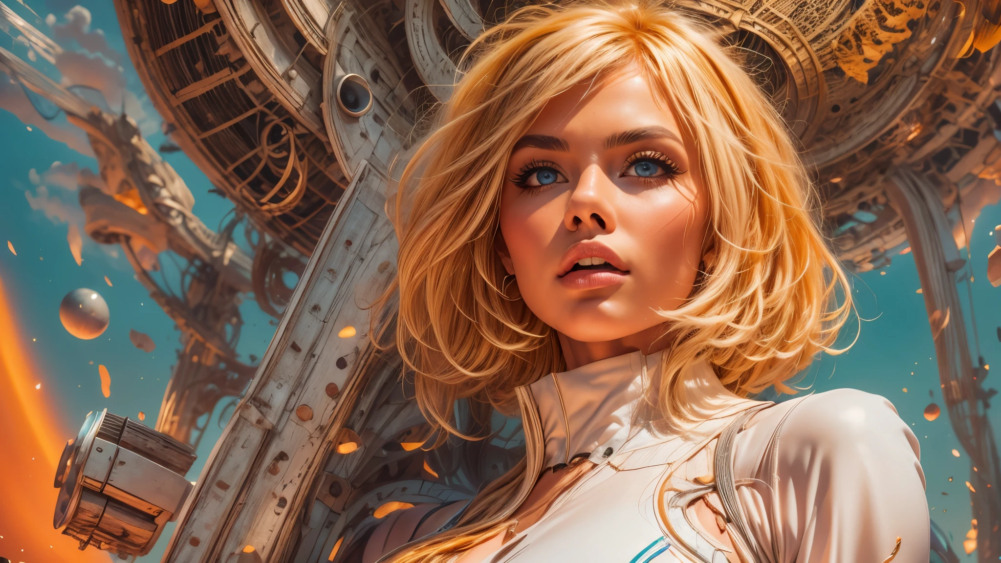 PosingDynamicsDaal,  A woman in a sleek space suit floats weightlessly in zero gravity inside a spaceship, her body arched gracefully as she pushes herself off a metallic wall. Her long hair floats freely, illuminated by the ethereal glow of nearby control panels. A small robotic orb follows her, projecting holograms of star maps into the air. The camera angle is an extreme close-up, focusing on her serene face while the rest of the scene stretches out into the background. The style is a surreal mix of ultra-modern sci-fi and contemplative minimalism.