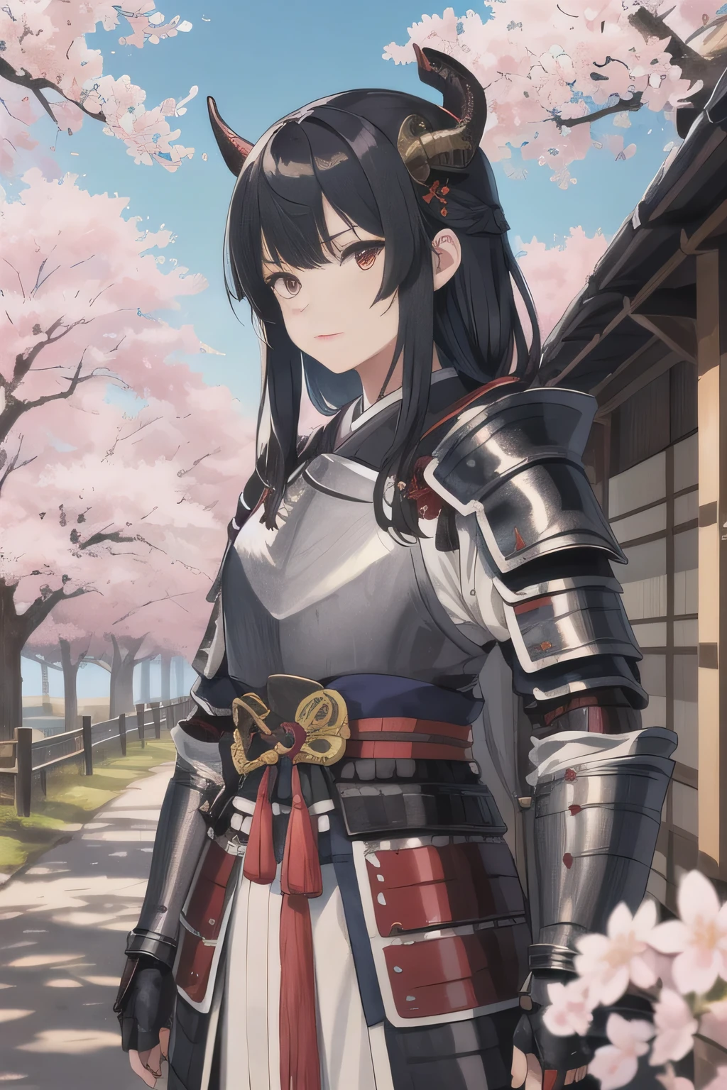 masterpiece, best quality, ultra-detailed, illustration, solo, cowboy shot, 1girl, black hair, red eyes, ((japanese armor, samurai armor)), dragon horns, dragon girl, tied hair, sode, kote, kusazuri, suneate, chest armor, outdoors, scenery, cherry blossoms