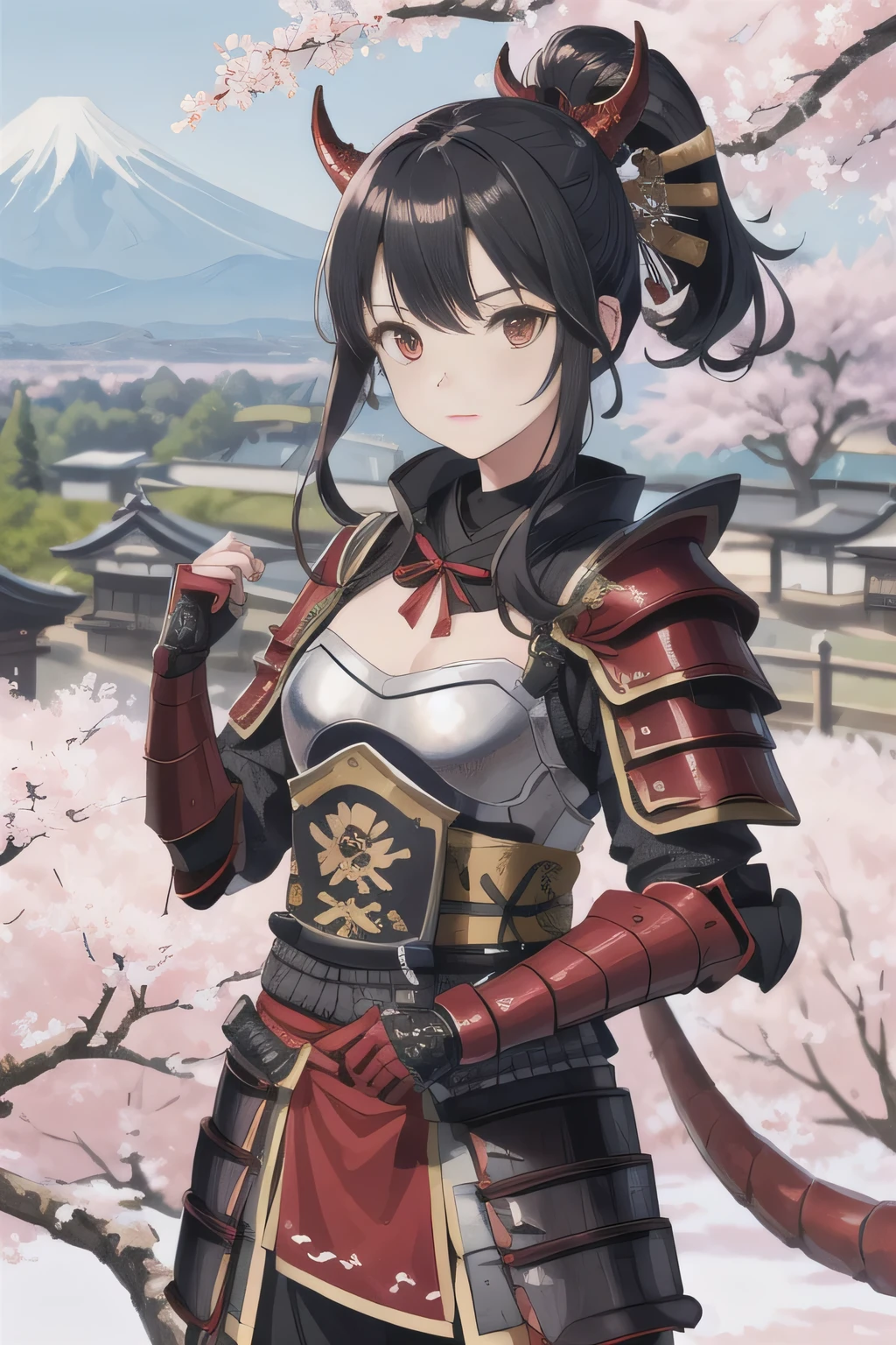 masterpiece, best quality, ultra-detailed, illustration, solo, cowboy shot, 1girl, black hair, red eyes, ((japanese armor, samurai armor)), dragon horns, dragon girl, tied hair, sode, kote, kusazuri, suneate, chest armor, outdoors, scenery, cherry blossoms