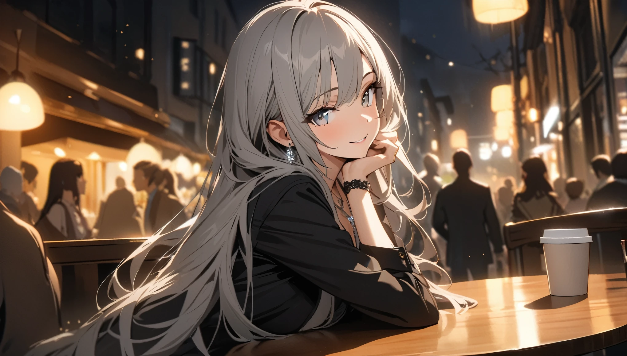 masterpiece, highest quality, Ultra-high resolution, Ultra-fine, 4K, 8k, highest quality, beautiful, Cute Woman, alone, (beautiful,Gray Hair, beautiful eyes, Long Hair, smile), Break A cozy cafe scene, Coffee on the table, food, Coffee cup, Crowd in the background, Breaking Prada,night,suit,necklace, Earrings, accessories, bag, Great lighting,Excellent resolution,, Audio Notes,