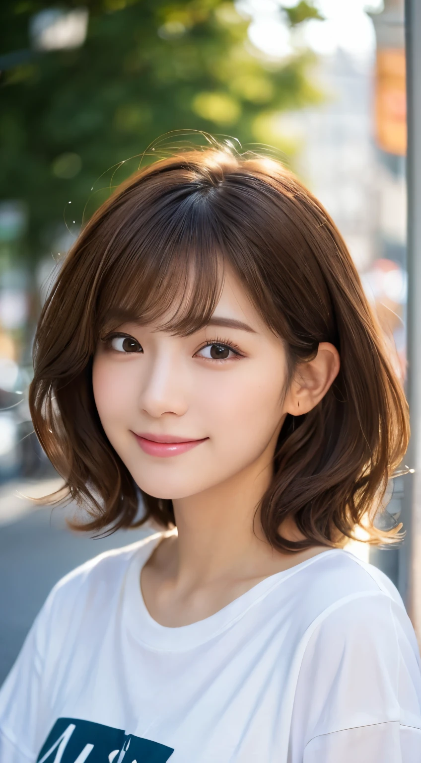 (highest quality,8K quality,masterpiece:1.3,),(超A high resolution:1.3,Photorealistic:1.4,Raw photo:1.2),(Ultra-detailed:1.2,Glowing Skin,Detailed skin:1.1),(Detailed face,Perfect Anatomy,Caustics:1.2),1 girl,cute,Japanese,22 years old,Japanese Ido,Natural brown hair,Short hair curled outwards,cute目,Natural Makeup,Oversized T-shirt,Laughter,Looking at the camera,On the face,Face Focus,Street Corner,Professional Writing,Natural soft light,