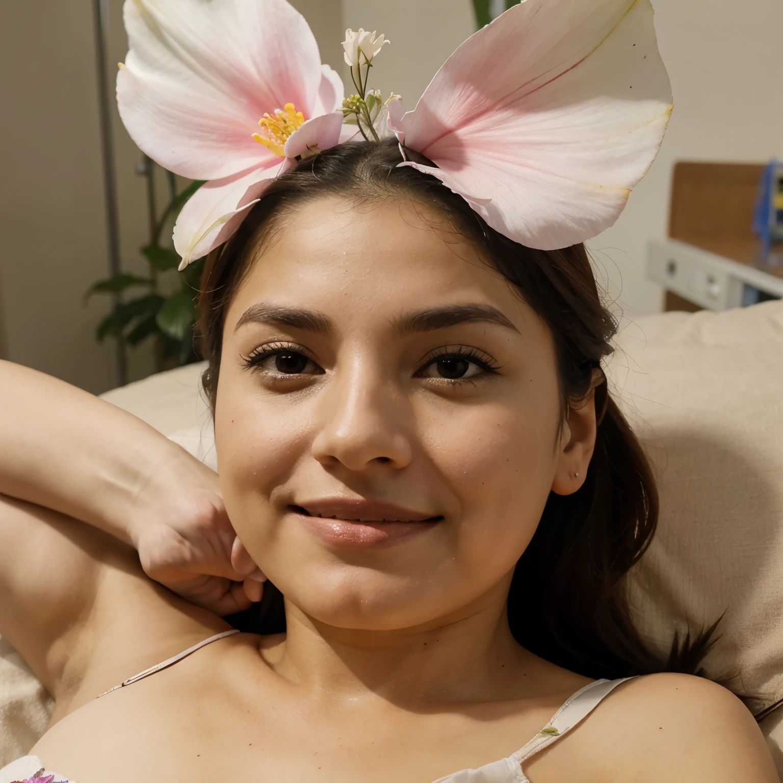 Genera una flor de caricatura con brazos realizando una autopsia a otra flor en un hospital
