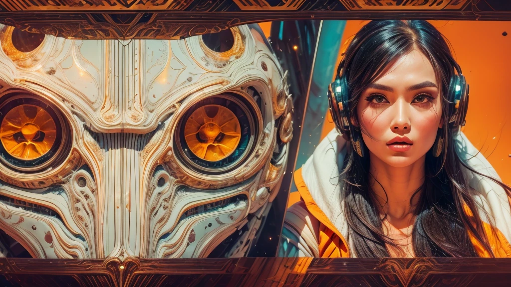 arafed image of a white woman in a futuristic suit with a spaceship in the background, movie art, in front of an orange background, inspired by Robert McGinnis, female protagonist, megastructure in the background, portrait of an ai astronaut, astronauts, an astronaut, portrait of a astronaut skeletor, perfect android girl, Highly Detailed Face and Skin Texture, Detailed Eyes, Double eyelids, perfectly detailed teeth, frank franzzeta and sakimichan