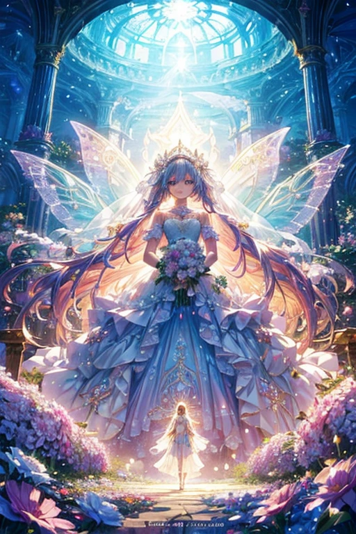 A woman in a wedding dress stands in front of a flower arch, very magical and dreamy, luxurious wedding, ethereal fairy tale, Rich pastel color palette, Ethereal dreamy theme, Long luxurious flowing gown, dreamy and detailed, fantasy long intricate gown, Long luxurious complex gown, The setting of a fairy tale:, soft elegant gown, in a whimsical fairytale forest, dreamy and ethereal、Woman in white dress standing in front of building with lots of flowers, anime fantasy artwork, anime fantasy illustration, a beautiful artwork illustration, beautiful anime artwork, elaborate digital art, intricate ornate anime cgi style, anime art nouveau cosmic display, beautiful anime art, beautiful digital works of art, beautiful fantasy anime, Detailed anime artwork, Detailed Digital Anime Art, dreamy psychedelic anime