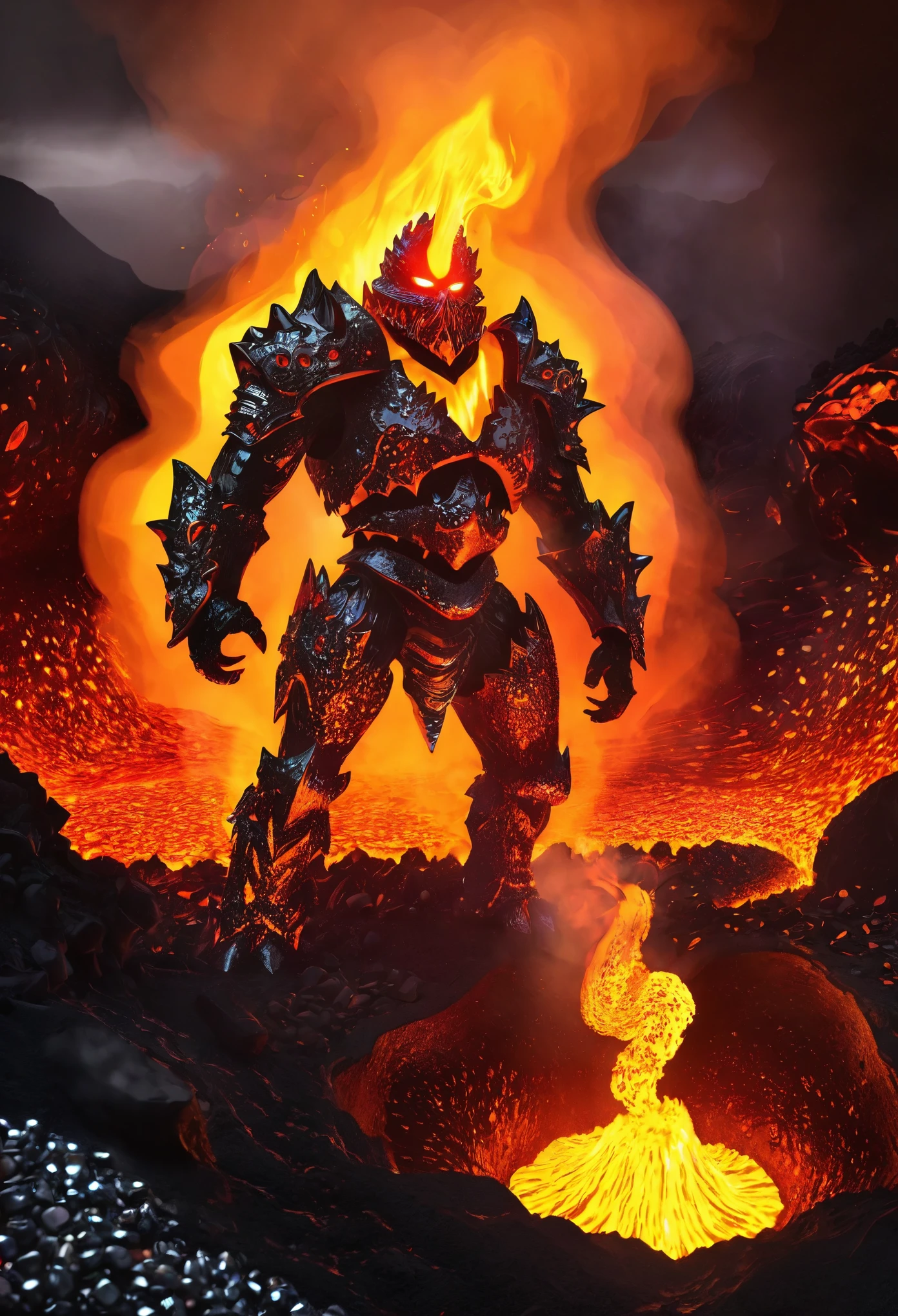 A lava demon guarding a vast underground treasure of gemstones, adorned with a lava mech, and shimmering with blingbling riches. (best quality, highres, extreme detail description), fiery glow, volcanic rocks, molten lava flows, intense heat, towering and menacing presence, sparkling gemstones, intricate lava armor, glistening treasure trove, molten metal, glowing ember eyes, erupting volcano in the background, intense red and orange color palette, dynamic lighting effects