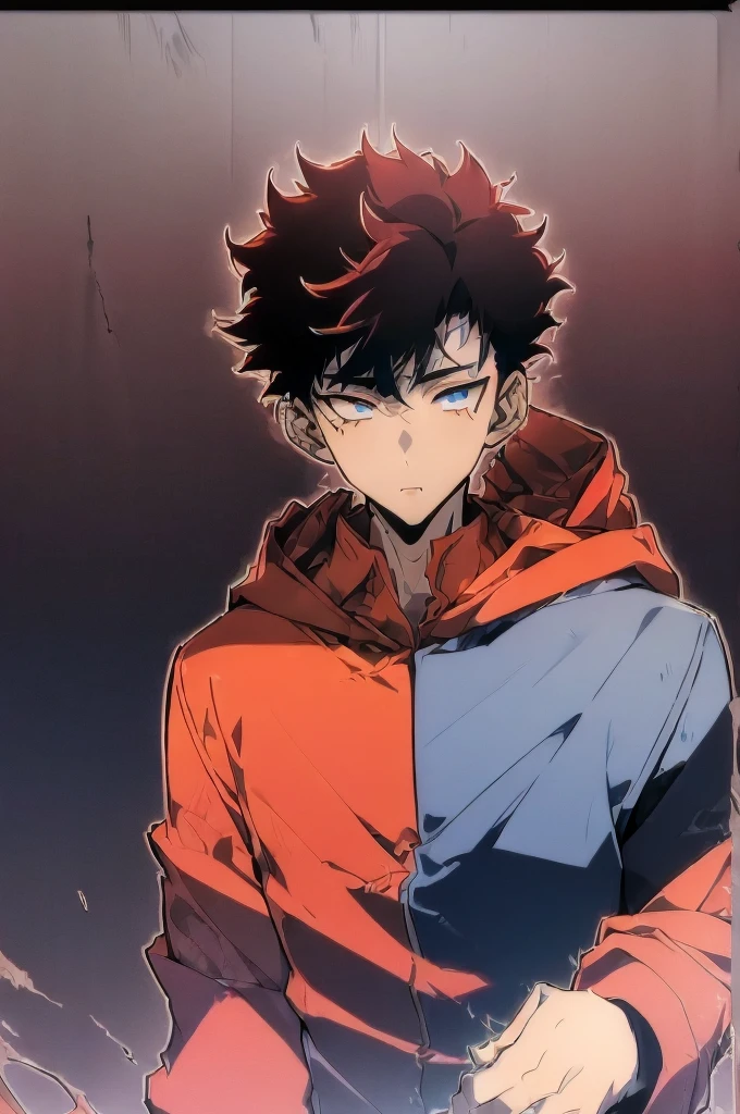 ((Masterpiece, Best Quality, 2d, anime)), (1 boy, Solo: 2), itadori, itadori_yuuji, black hair, red hoodie, open hoodie, hoodie off, blue eyes, Illustration,  ragemode, wild hair, destruction, kneeling, cinematic, view from below, muscular, bulky, dark skin, olive skin, 