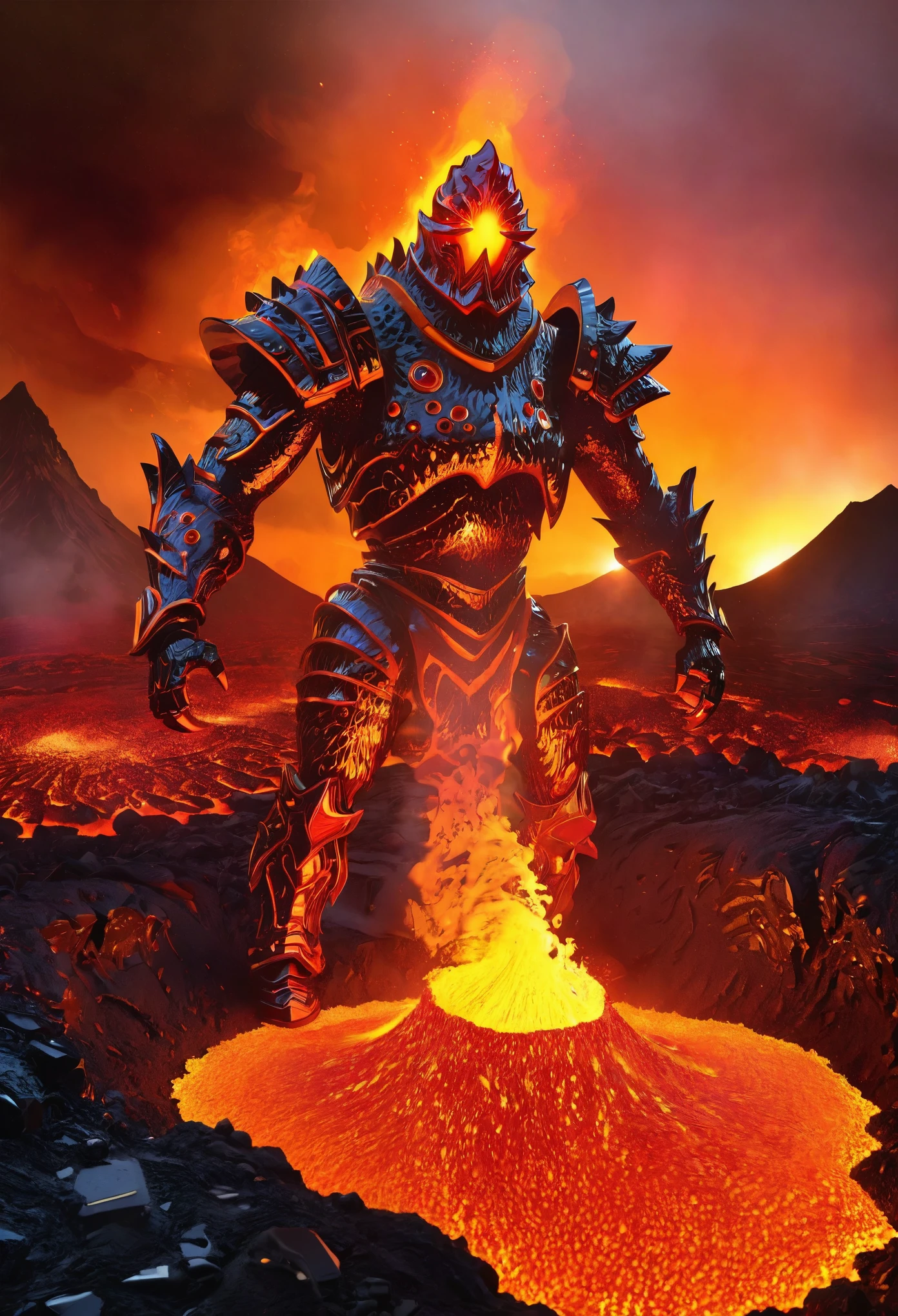 A lava demon guarding a vast underground treasure of gemstones, adorned with a lava mech, and shimmering with blingbling riches. (best quality, highres, extreme detail description), fiery glow, volcanic rocks, molten lava flows, intense heat, towering and menacing presence, sparkling gemstones, intricate lava armor, glistening treasure trove, molten metal, glowing ember eyes, erupting volcano in the background, intense red and orange color palette, dynamic lighting effects