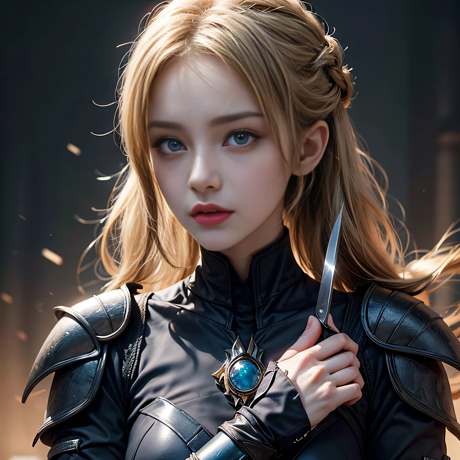 Busty blonde assassin, clad in black armor, exudes an aura of mystery and danger. her exquisite features are accentuated by the three-dimensional textures of the armor, revealing her perfect face with sharp, defined jawline and piercing blue eyes. A single lock of blond hair cascades down her forehead, framing her beautiful features. In one hand, she holds a perfectly balanced knife, its edges reflecting the sharpness and precision of her dedication as an assassin. The play of light and shadow on her body creates a sense of depth and intrigue, adding to her invincible and majestic appearance. This masterpiece is a Top Photography Masters Award-Winning Work