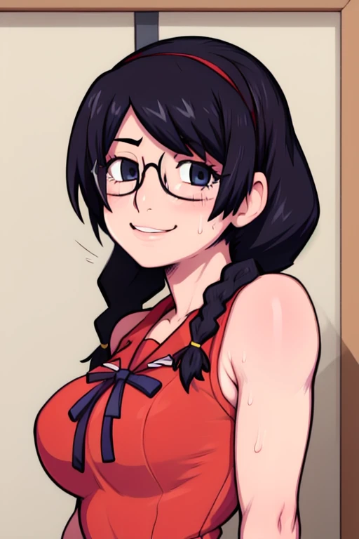 masterpiece, best quality, hanekawa tsubasa, looking at viewer, black braid hair, large breasts, upper body, portrait, seductive smile,both hands raised, armpits, armpits visible, sweaty armpits, wearing volleyball uniform, wearing glasses,