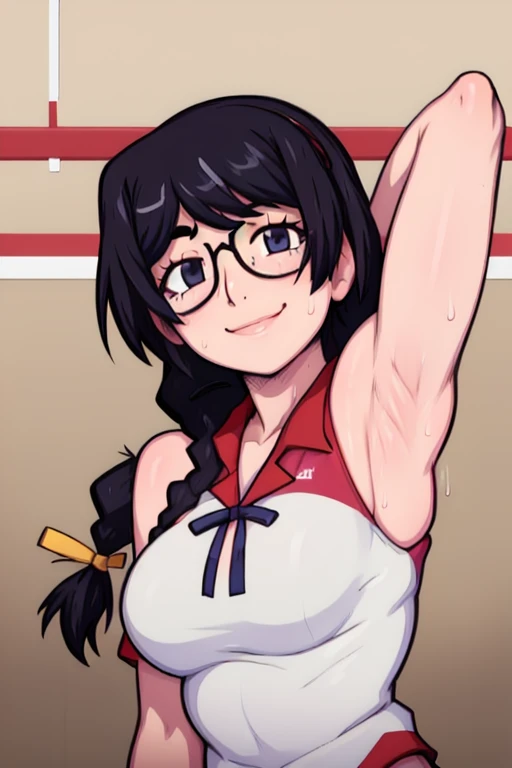 masterpiece, best quality, hanekawa tsubasa, looking at viewer, black braid hair, large breasts, upper body, portrait, seductive smile,both hands raised, armpits, armpits visible, sweaty armpits, wearing volleyball uniform, wearing glasses,