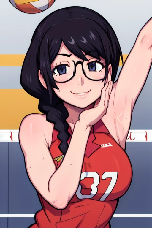 masterpiece, best quality, hanekawa tsubasa, looking at viewer, black braid hair, large breasts, upper body, portrait, seductive smile,both hands raised, armpits, armpits visible, sweaty armpits, wearing volleyball uniform, wearing glasses,