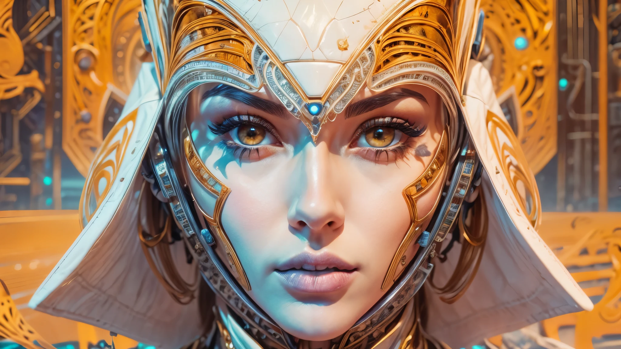 arafed image of a white woman in a futuristic suit with a spaceship in the background, movie art, in front of an orange background, inspired by Robert McGinnis, female protagonist, megastructure in the background, portrait of an ai astronaut, astronauts, an astronaut, portrait of a astronaut skeletor, perfect android girl, Highly Detailed Face and Skin Texture, Detailed Eyes, Double eyelids, perfectly detailed teeth, frank franzzeta and sakimichan
