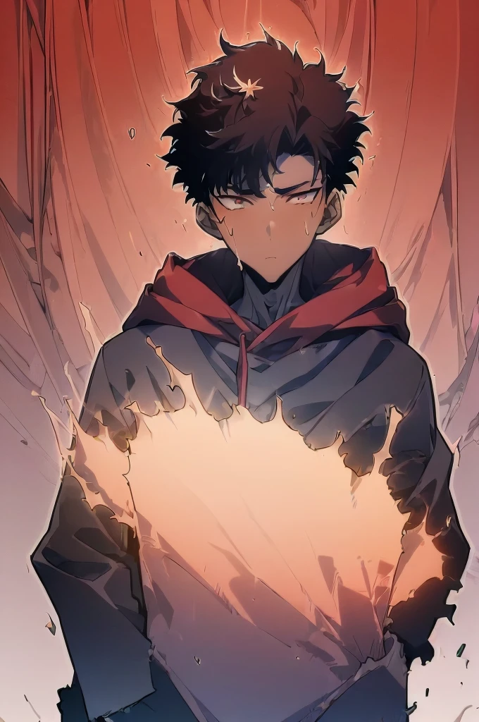 ((Masterpiece, Best Quality, 2d, anime)), (1 boy, Solo: 2), itadori, itadori_yuuji, black hair, red hoodie, open hoodie, hoodie off, blue eyes, Illustration, ragemode, wild hair, destruction, upper body, portrait, 