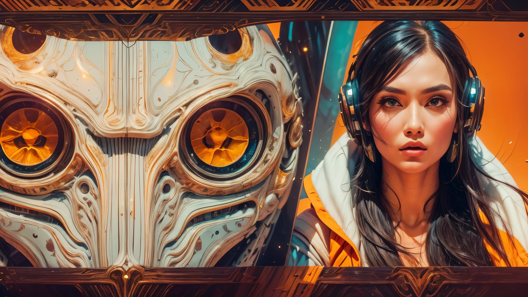 arafed image of a white woman in a futuristic suit with a spaceship in the background, movie art, in front of an orange background, inspired by Robert McGinnis, female protagonist, megastructure in the background, portrait of an ai astronaut, astronauts, an astronaut, portrait of a astronaut skeletor, perfect android girl, Highly Detailed Face and Skin Texture, Detailed Eyes, Double eyelids, perfectly detailed teeth, frank franzzeta and sakimichan  