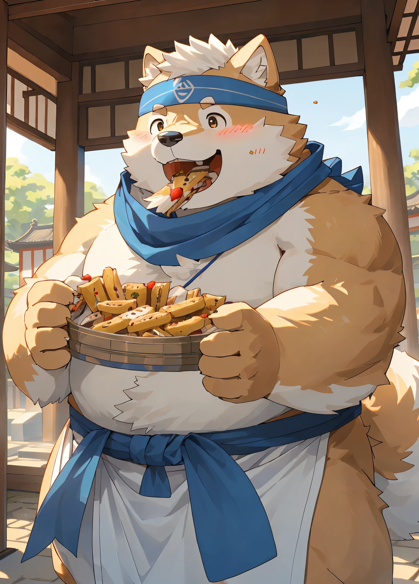 (masterpiece),(Very detailed),(best quality),hairy,Shiba Inu,fur,white hair,Gray pupil,(Japan samurai attire),((blue scarf)),((Brown Headband)),(((eat snack))),(blush:1.1),happy,((Lovely expression)),Temple Background,8k,(high quality),(Ultra HD),(Super detailed)