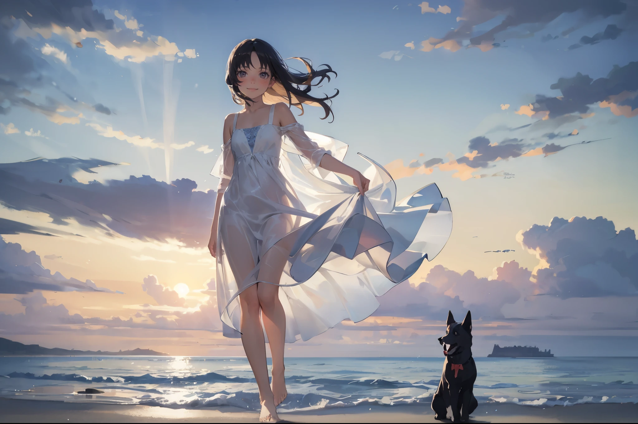 (super flat, flat shading), Honors Type, Really blushing, 17 years old, a girl in a see-through white dress, bare foots, smile, in dress, cute waifu in a nice dress, my dress up darling, pretty girl, young girl, beautiful girl, by the sea, dramatic lighting, working with dog,