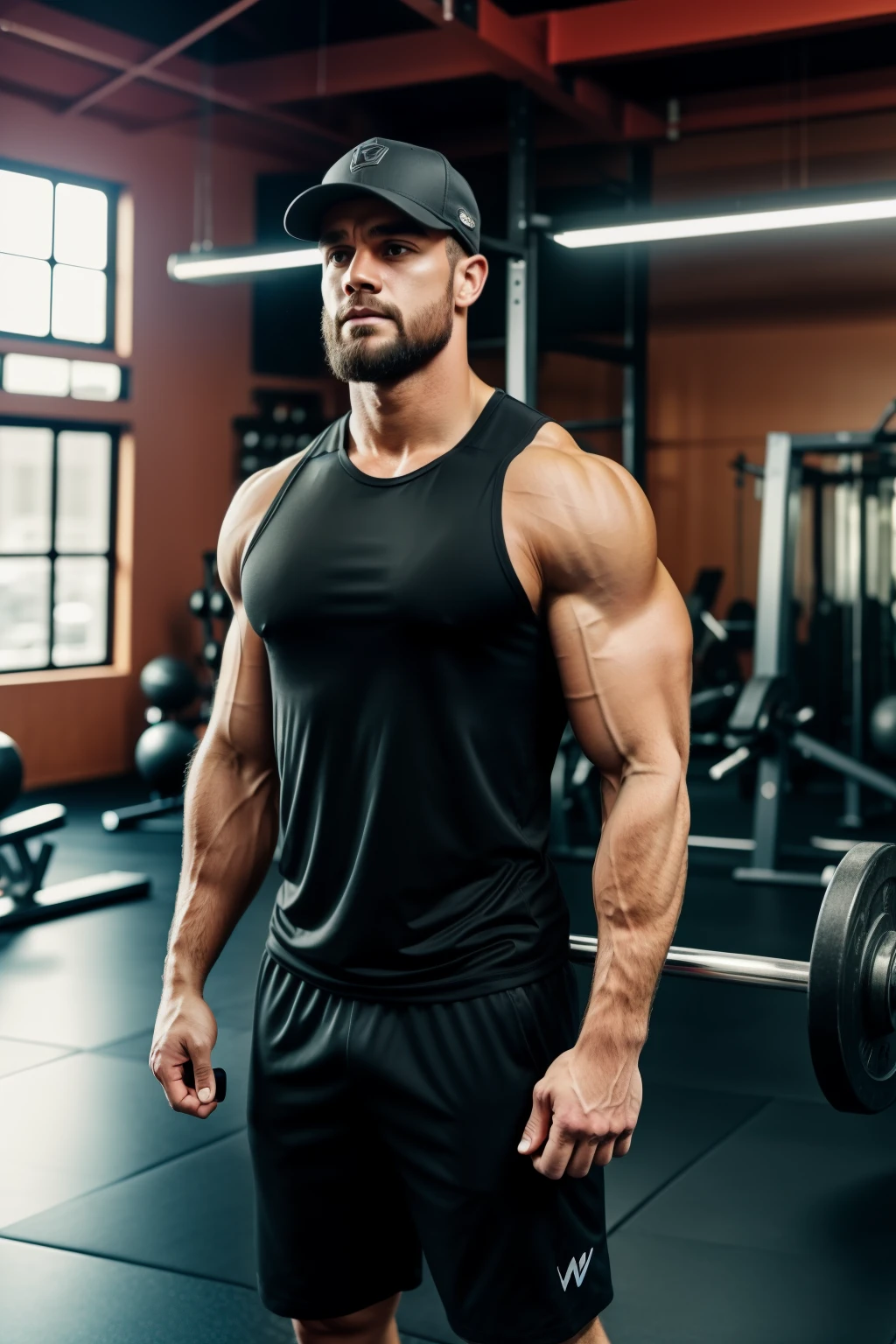 A man in the gym, ((full body)), ((wearing a black fitted shirt)), ((exercising)), with a determined expression, ((holds a "W" bar)), ((standing firmly)), and raises it to his chest. This high quality, ((realistic image)), captures the veins popping out on his forearms as he applies maximum force, while the gym background adds to the intensity of the scene with its industrial equipment and echoes of heavy breathing. The focus on the man's muscles, especially his chest and biceps, is exceptional, with detail so true to reality that it almost feels like touching the image. Taken with a Nikon D850, the photo boasts natural light and