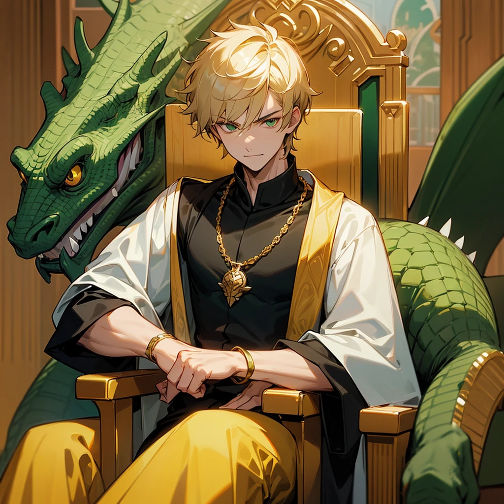 ((Front focus)), ((best quality)), ((villain pose)), handsome boy)), ((detail)). The teenage boy wears a  with short hair, a gold necklace and sits on a throne accompanied by a green dragon.