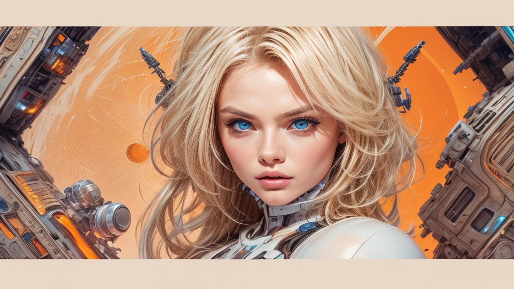 arafed image of a white woman in a futuristic suit with a spaceship in the background, movie art, in front of an orange background, inspired by Robert McGinnis, female protagonist, megastructure in the background, portrait of an ai astronaut, astronauts, an astronaut, portrait of a astronaut skeletor, perfect android girl, Highly Detailed Face and Skin Texture, Detailed Eyes, Double eyelids, perfectly detailed teeth, frank franzzeta and sakimichan