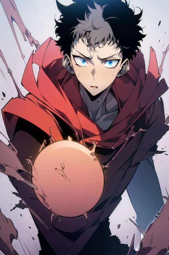 ((Masterpiece, Best Quality, 2d, anime)), (1 boy, Solo: 2), itadori, itadori_yuuji, black hair, red hoodie, open hoodie, hoodie off, blue eyes, Illustration, ragemode, wild hair, destruction, upper body, portrait, white background, flat colors, cell shading,