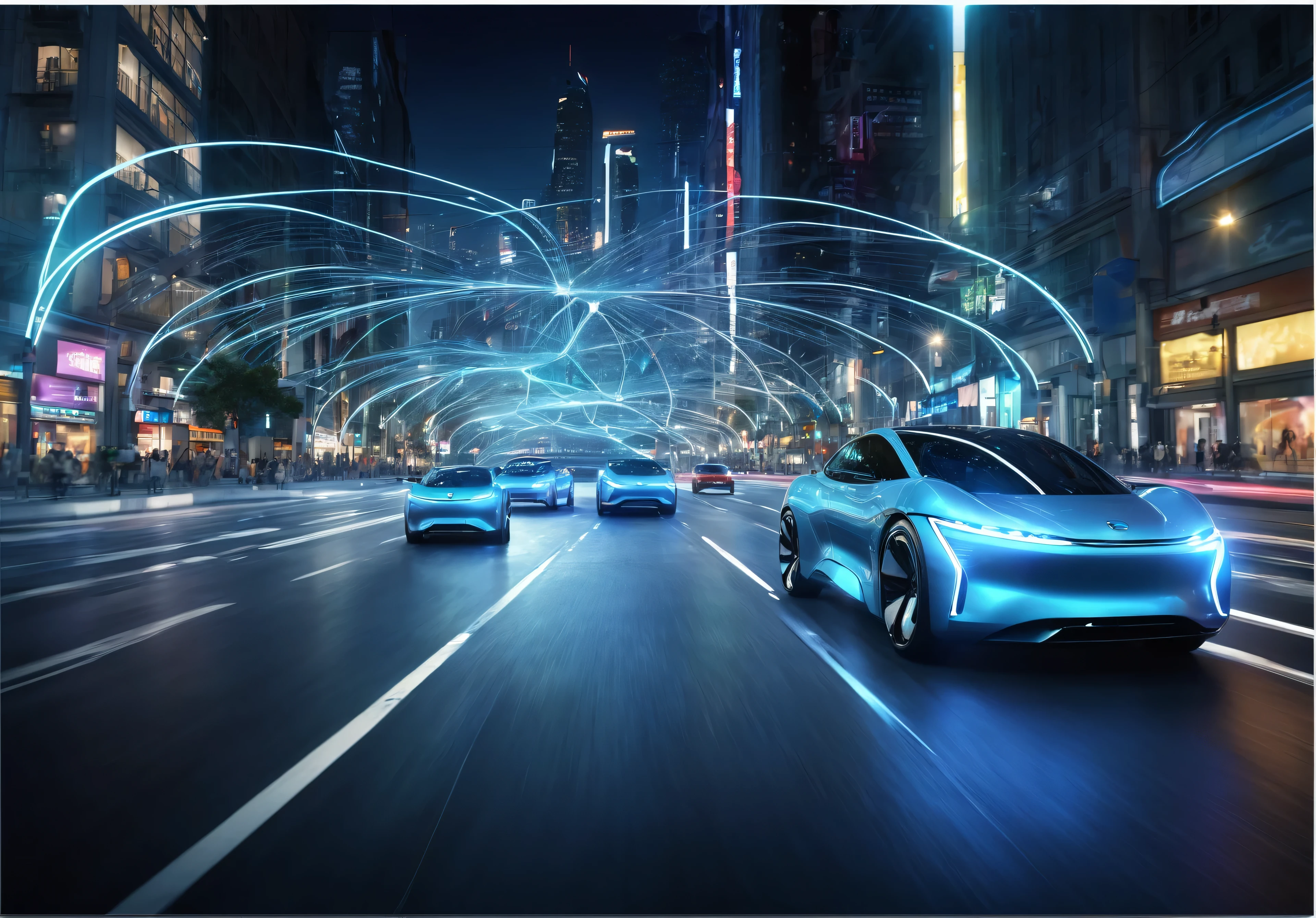 cars driving on a city street at night with a network of lights, futuristic product car shot, car, car, Transportation with light trails, Futuristic city路, photo shoot, Automobile, Traffic design rendering, Detailed pictures of the virtual world, Futuristic city, concept, CG Art, Innovative, Scott M. Fischer, 2023 4k, High-quality images