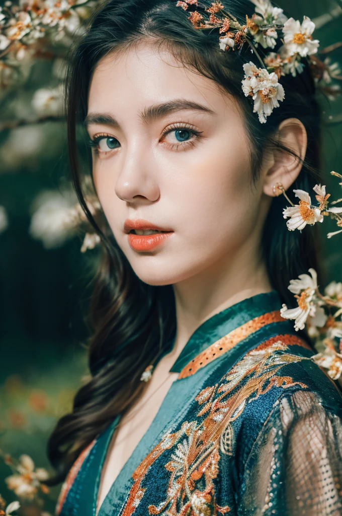 ( masterpiece, top quality, best quality,8k,17 years old girl,ultra detailed,raw photo:1.5),(photorealistic:1.4), (cinematic lighting), PerfectNwsjMajic, , Surrealism, UHD, ccurate, Super detail, textured skin, High detail, Best quality, dynamic angle, White skin,[Beautiful blue eyes], high nose,[flat chest:large breasts:0.5],(1girl),((good anatomy:0.5)),(covered in flowers:1.4), night sky, interested in, fire and ice, (The image is divided into two，Available in a variety of colors:2), eyes blues, sapphire, liquid metal, night sky, (Look at an angle:1.3), (fire and ice), ((Lower chrome)), (hairpin:1.4), (forest:1.3), (fog: 1.3),  Subtle colors and tones, mystical aura ,dreamy atmosphere,expressive brush strokes, mystical ambiance, Artistic interpretation, upper body, bang