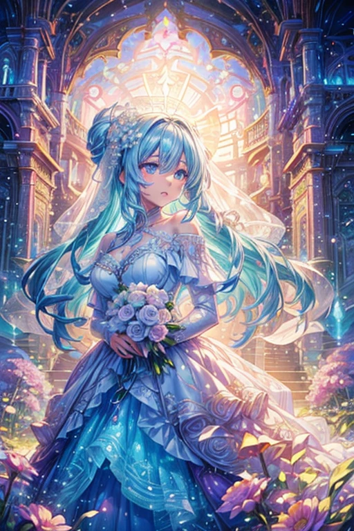 A woman in a wedding dress stands in front of a flower arch, very magical and dreamy, luxurious wedding, ethereal fairy tale, Rich pastel color palette, Ethereal dreamy theme, Long luxurious flowing gown, dreamy and detailed, fantasy long intricate gown, Long luxurious complex gown, The setting of a fairy tale:, soft elegant gown, in a whimsical fairytale forest, dreamy and ethereal、Woman in white dress standing in front of building with lots of flowers, anime fantasy artwork, anime fantasy illustration, a beautiful artwork illustration, beautiful anime artwork, elaborate digital art, intricate ornate anime cgi style, anime art nouveau cosmic display, beautiful anime art, beautiful digital works of art, beautiful fantasy anime, Detailed anime artwork, Detailed Digital Anime Art, dreamy psychedelic anime