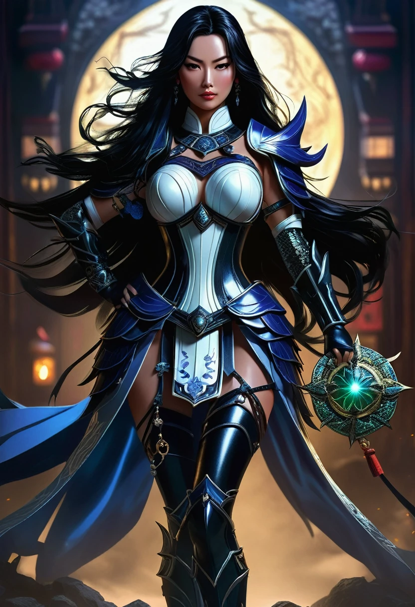 A stunningly beautiful woman, her flawless porcelain skin seemingly glowing in the dim light. Her long, raven-black hair cascades down her back, flowing gracefully over her intricately designed armor. She stands with her legs shoulder-width apart, facing the camera, her body radiating confidence and strength. Her demon slayer's garb is adorned with various talismans and protective charms, hinting at her formidable skills and experience in the supernatural realm., front view, serious face, sharp gaze