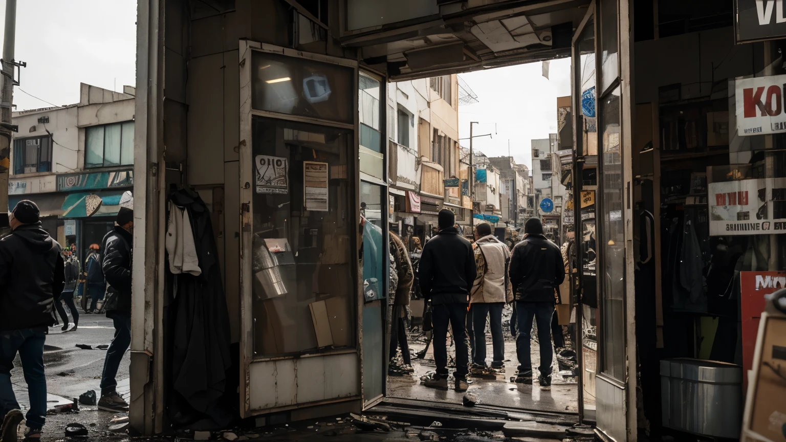 Shops close and board up their doors as panicked crowds gather outside. Under black and dirty skys, empty storefronts line abandoned, filthy streets. Saddened people witnesses the economic collapse unfolding before their eyes.