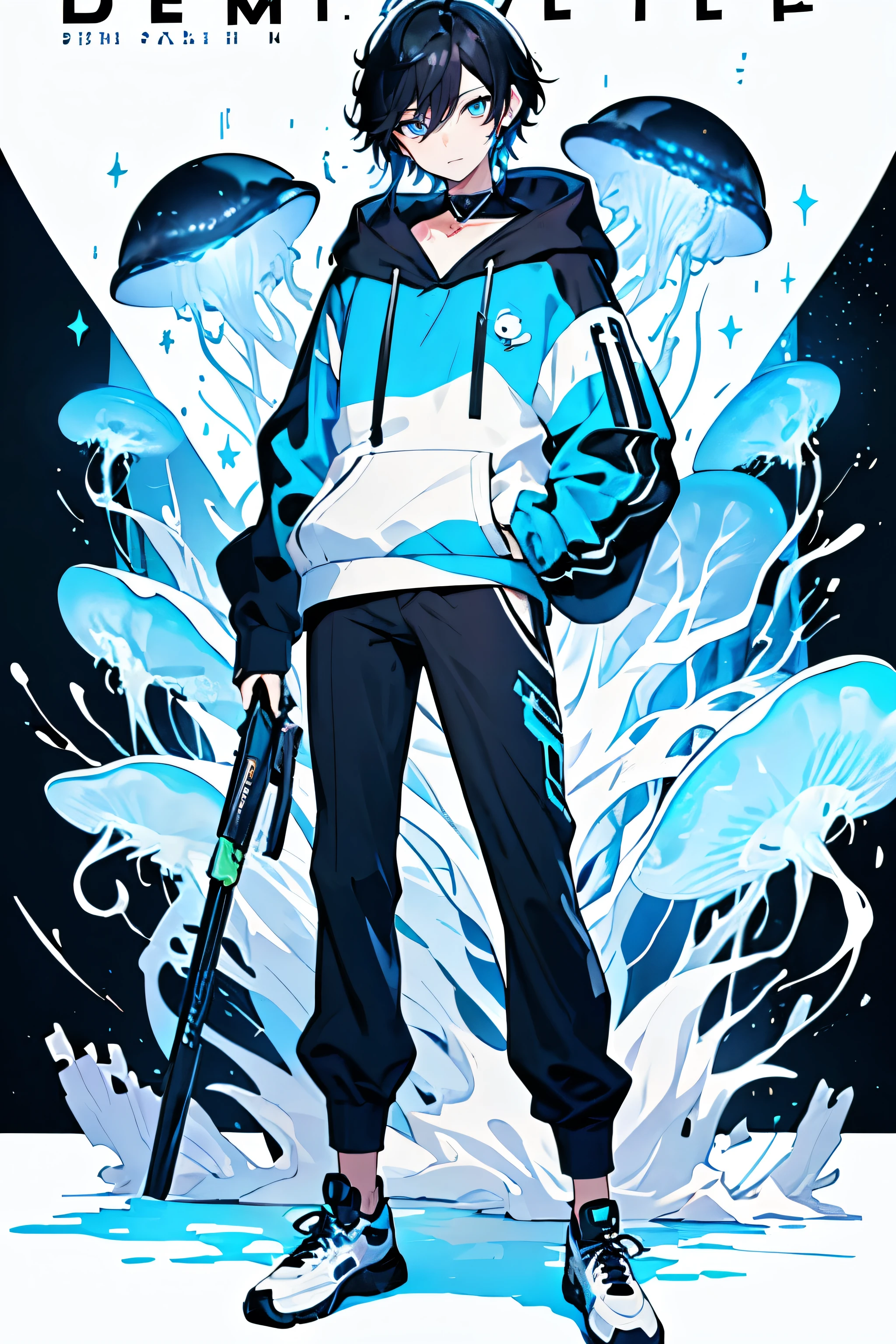 Imagine a shark with sunglasses, jaqueta de couro azul, chains on the neck, sneakers and blue pants, behind a wall painted blue, high-definition picture, cinematographic scene --auto