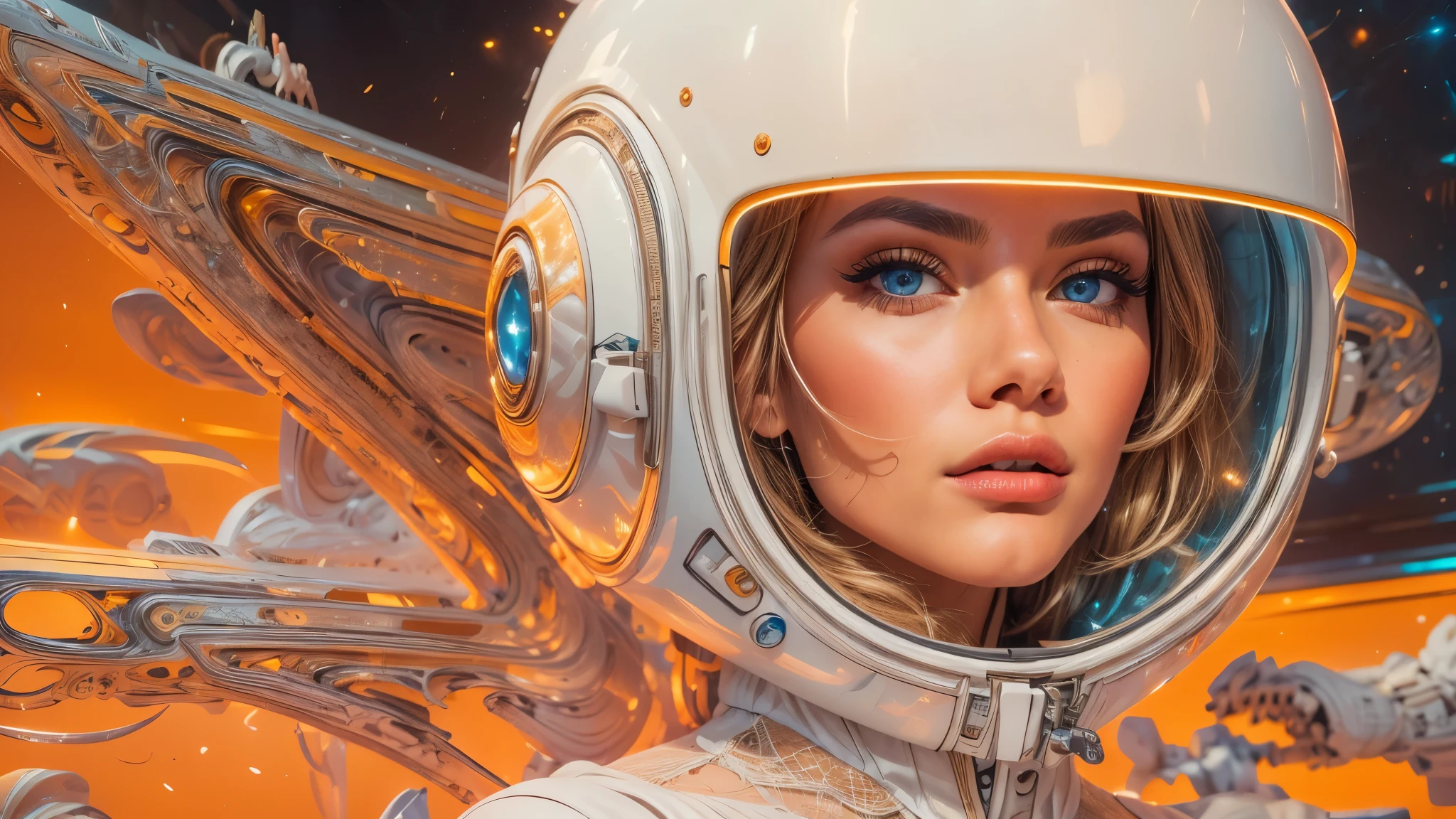 arafed image of a white woman in a futuristic suit with a spaceship in the background, movie art, in front of an orange background, inspired by Robert McGinnis, female protagonist, megastructure in the background, portrait of an ai astronaut, astronauts, an astronaut, portrait of a astronaut skeletor, perfect android girl, detailed eyes, perfectly detailed teeth, frank franzzeta and sakimichan