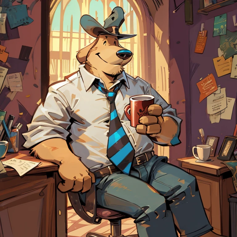 Solo male, sam, dog, tall, stocky body, slightly chubby, mature, long droopy dog ears, black eyes, brown fur, blue grey pants, ((wearing shoulder holster)), blue grey hat, blue and black striped necktie, (by dramamine, by haps), (hi res, best quality, high quality, detailed, shaded, shading, masterpiece:1.2), detailed clothing, smirk, seductive smile, (white Open shirt:1.5), (necktie removed),holding coffee mug, sitting in office chair