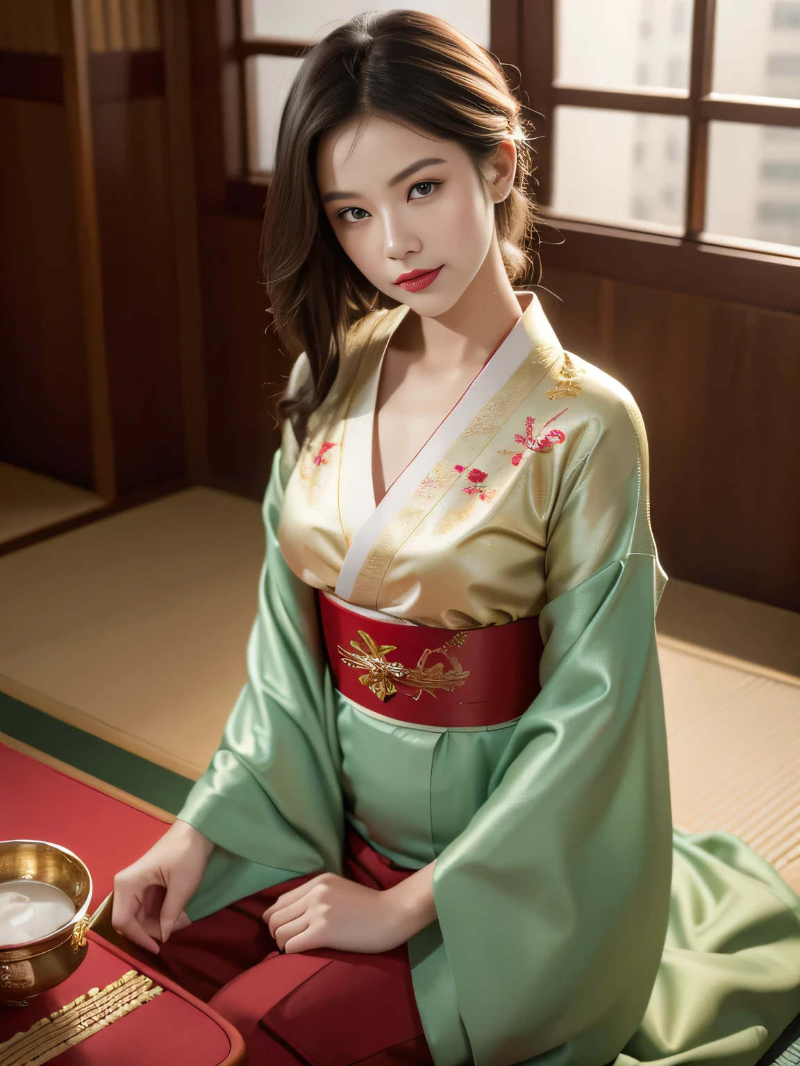 SFW, girl, Black Hair, Wavy short hair, Bright red lips, Shiny lips, Glowing skin, Shining eyes, Shut up, (Half closed eyes), seductive smile, (Stylish and charming white kimono with gold embroidery:1.2), Semen, (Traditional round table), Place the tray on your lap, (Traditional soup on the table, green tea, Steam from traditional yunomi), hanging scroll, Commercial, (Traditional and formal Japanese house), (The bustling city skyscrapers sparkle outside the window:1.3), (Close-up face:1.2), Dynamic Angle, from the side, Depth of Field, (monochrome:1.4), (Flat Color:1.3), (Only red and gold are emphasized:1.3), Correct body structure, 8k, original photo, (Highly detailed skin:1.2), 8K Ultra HD, DSLR camera, soft light, high quality, Film Grain, Fuji XT3, RAW Video, 16 mm, Color Grading Portra 400 Film, Extraordinary colors, Surreal, textured skin, Excellent details student, Realistic dull skin noises, visible skin detail, Skin villi, Dry skin, Shot with a movie camera, ((full-body shot)), Delicate skin texture, (blush:0.5), Subsurface scattering, wear,((Thin waist)), young asian girl, ((Large target )),