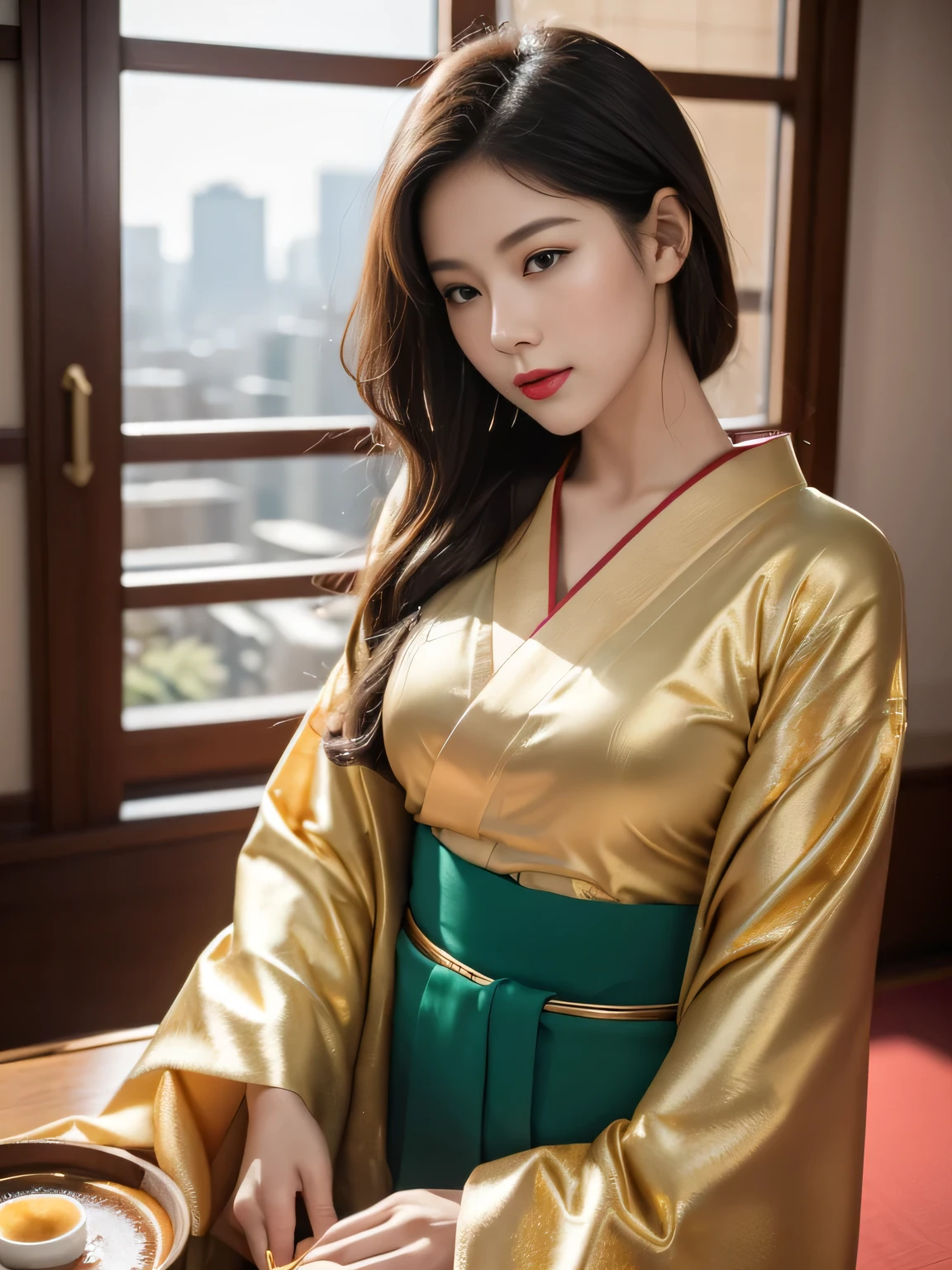 SFW, girl, Black Hair, Wavy short hair, Bright red lips, Shiny lips, Glowing skin, Shining eyes, Shut up, (Half closed eyes), seductive smile, (Stylish and charming white kimono with gold embroidery:1.2), Semen, (Traditional round table), Place the tray on your lap, (Traditional soup on the table, green tea, Steam from traditional yunomi), hanging scroll, Commercial, (Traditional and formal Japanese house), (The bustling city skyscrapers sparkle outside the window:1.3), (Close-up face:1.2), Dynamic Angle, from the side, Depth of Field, (monochrome:1.4), (Flat Color:1.3), (Only red and gold are emphasized:1.3), Correct body structure, 8k, original photo, (Highly detailed skin:1.2), 8K Ultra HD, DSLR camera, soft light, high quality, Film Grain, Fuji XT3, RAW Video, 16 mm, Color Grading Portra 400 Film, Extraordinary colors, Surreal, textured skin, Excellent details student, Realistic dull skin noises, visible skin detail, Skin villi, Dry skin, Shot with a movie camera, ((full-body shot)), Delicate skin texture, (blush:0.5), Subsurface scattering, wear,((Thin waist)), young asian girl, ((Large target )),