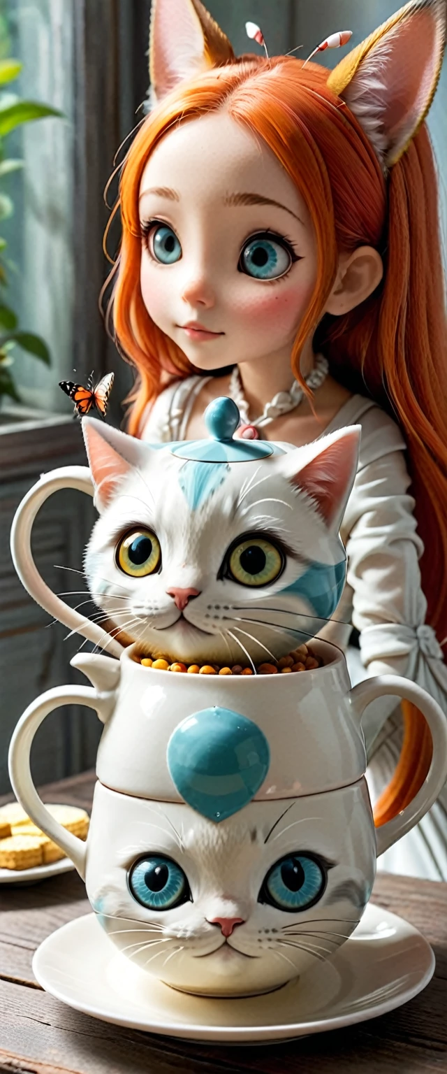 En una fiesta del te, como ocurre en Alicia y el pais de las maravillas. Asuna, con sus enormes ojos estilo anime nos observa mientras bebe te de una taza de una tetera y un platos de ceramica con forma surrealista e imposible geometricamente de gato, mientras revolotean insectos diversos, todo con el estilo de Tim Burton.
