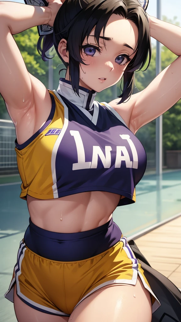 a close up of a person wearing a basketball uniform, a picture, inspired by Kentaro Miura, trending on pixiv, Shinobu Kochou, Demon Slayer, Kimetsu no Yaiba, wearing yellow nba jersey, yellow croptop nba jersey, wearing a low cut croptop, wearing croptop, croptop, written "Lakers" on the croptop, golden raito, (winking), shirobako, large)}], favorite scene, fine details. anime. skins, sweating, big breasts, both hands raised, armpits, armpits visible, dripping with sweat, more more sweat, sweaty armpits