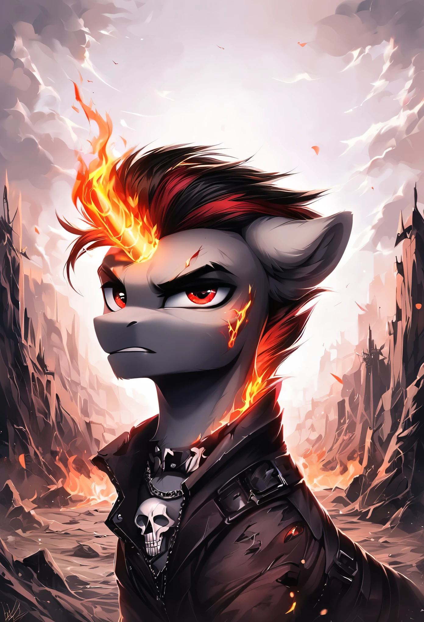 score_9, score_8_up, score_7_up, MLP, black fur, firey hair, red eyes, death, skull tattoo, desolate landscape, fire in the background, post-apocalyptic scene, only one pony, solo scene