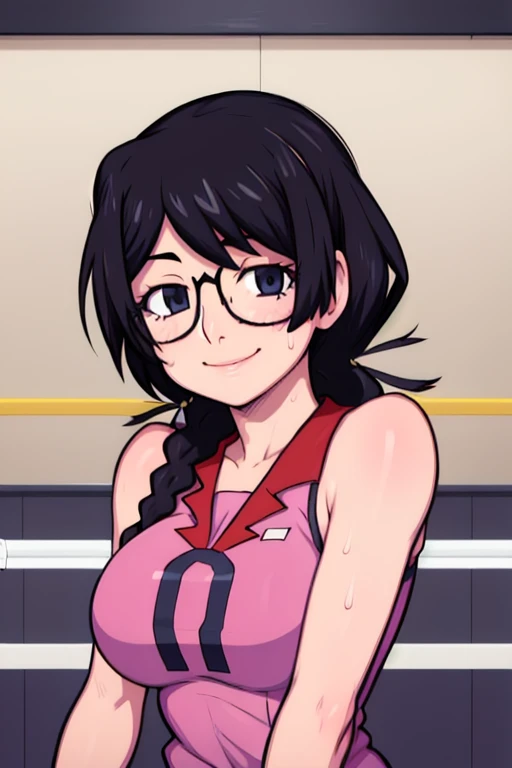 masterpiece, best quality, hanekawa tsubasa, looking at viewer, black braid hair, large breasts, upper body, portrait, seductive smile,both hands raised, armpits, armpits visible, sweaty armpits, wearing volleyball uniform, wearing glasses,