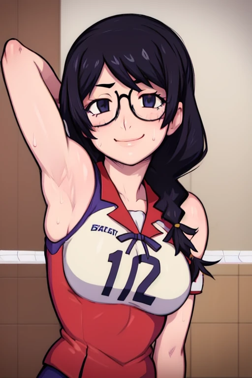 masterpiece, best quality, hanekawa tsubasa, looking at viewer, black braid hair, large breasts, upper body, portrait, seductive smile,both hands raised, armpits, armpits visible, sweaty armpits, wearing volleyball uniform, wearing glasses,