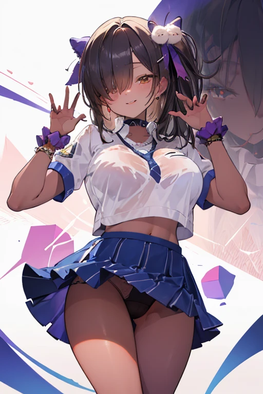 Beautiful illustrations, highest quality, Cute Woman、Clear Face、blush、Perfect hands、Thighs、(Perfect Face:1.1), Beauty、Large Breasts、Dark Skin、uniform、Black underwear、Leg spread、smile、Flip up the skirt