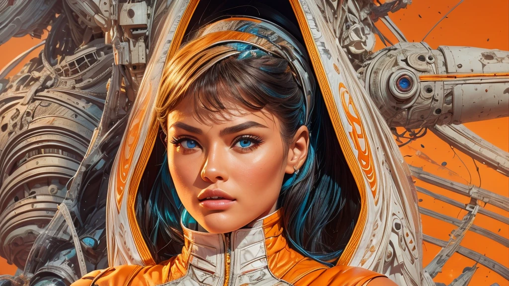 arafed image of a white woman in a futuristic suit with a spaceship in the background, movie art, in front of an orange background, inspired by Robert McGinnis, female protagonist, megastructure in the background, portrait of an ai astronaut, astronauts, an astronaut, portrait of a astronaut skeletor, perfect android girl, Highly Detailed Face and Skin Texture, Detailed Eyes, Double eyelids, perfectly detailed teeth, frank franzzeta and sakimichan  