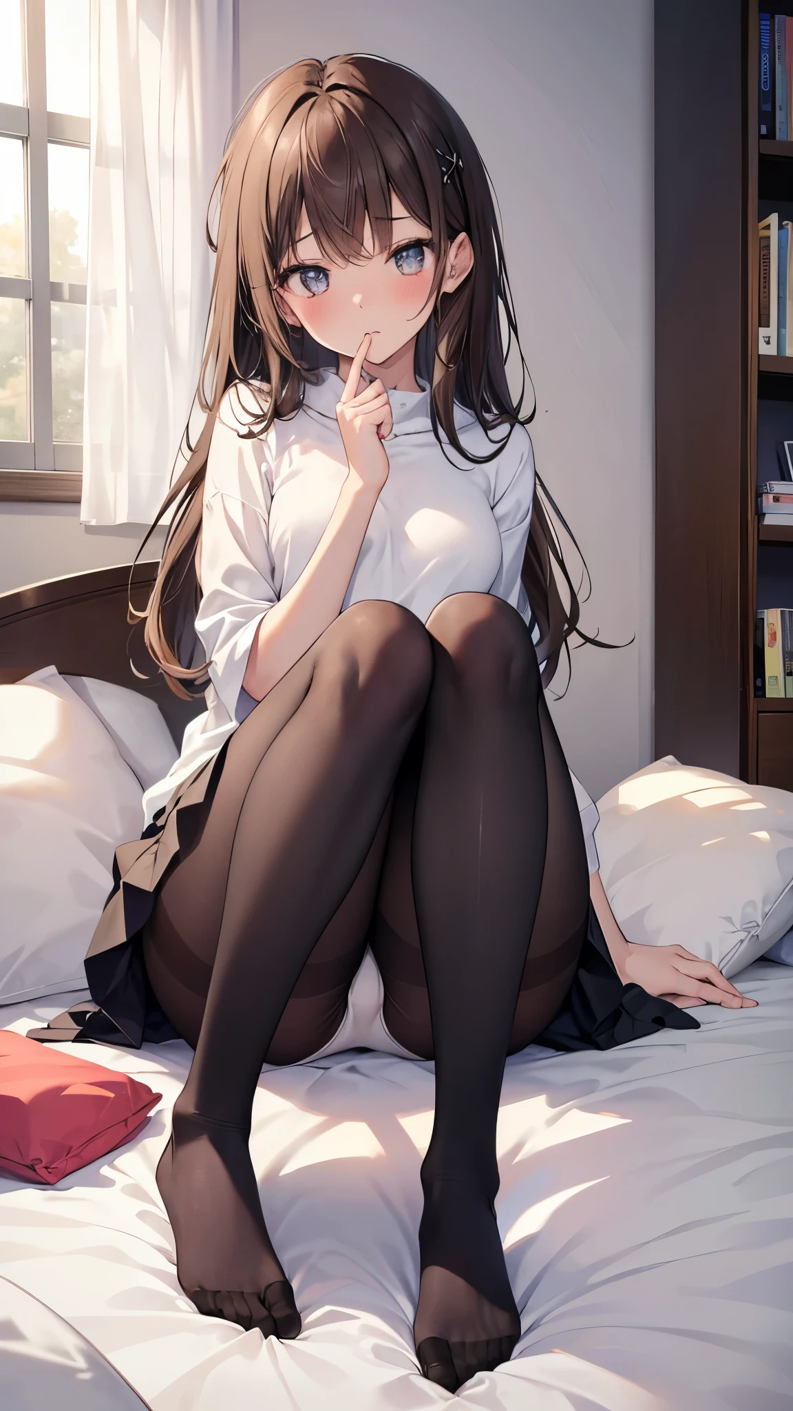 highest quality, masterpiece, High resolution, (Head to toe full body view), Front view from slightly below, Symmetrical Configuration, Precisely balanced composition across the body、18-year-old, Slim and beautiful girl, alone, (Small breasts), (No shoes), Long brown hair, bangs, (Black Pantyhose), (Sit on the floor with your legs open), (Spread-legged pose on bed), (Her legs were spread、White panties are visible.), (Open your mouth with a pained expression), blush, Shy big eyes, Looking at the camera, High school girl's blazer uniform, Checkered Pleated Skirt